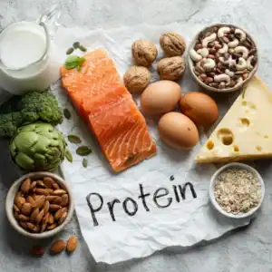 Fresh salmon, eggs, nuts, cheese, and vegetables for a high-protein meal.