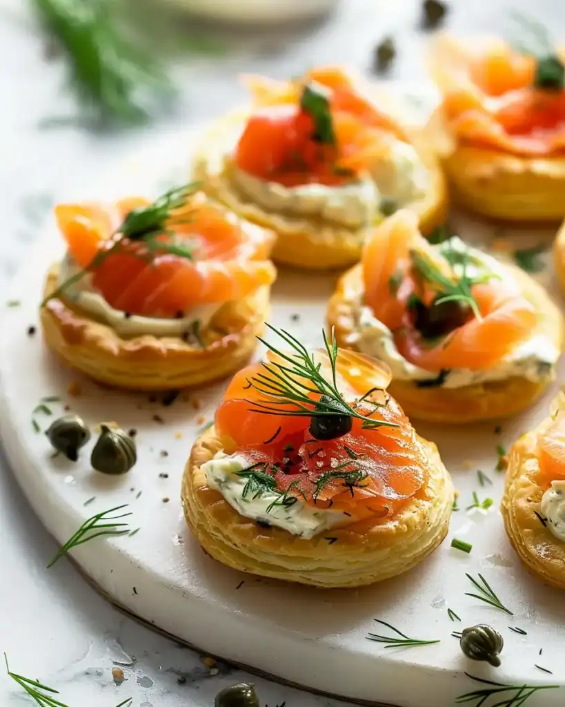 Delicious smoked salmon bites topped with cream cheese, herbs, and capers, perfect for party appetiz.
