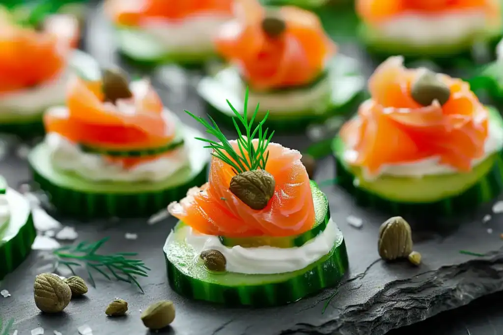 Delicious smoked salmon appetizers on cucumber slices, perfect for parties and gatherings. Fresh, fl.