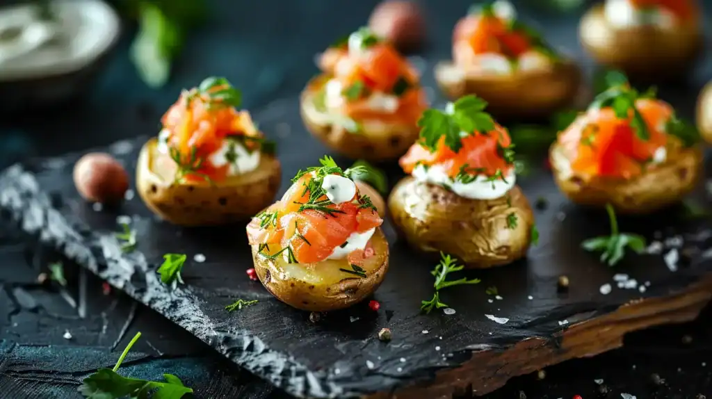Delicious smoked salmon appetizers on small potatoes garnished with herbs and cream cheese.