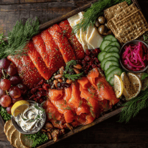 Elegant smoked salmon platter with fresh herbs and accompaniments.