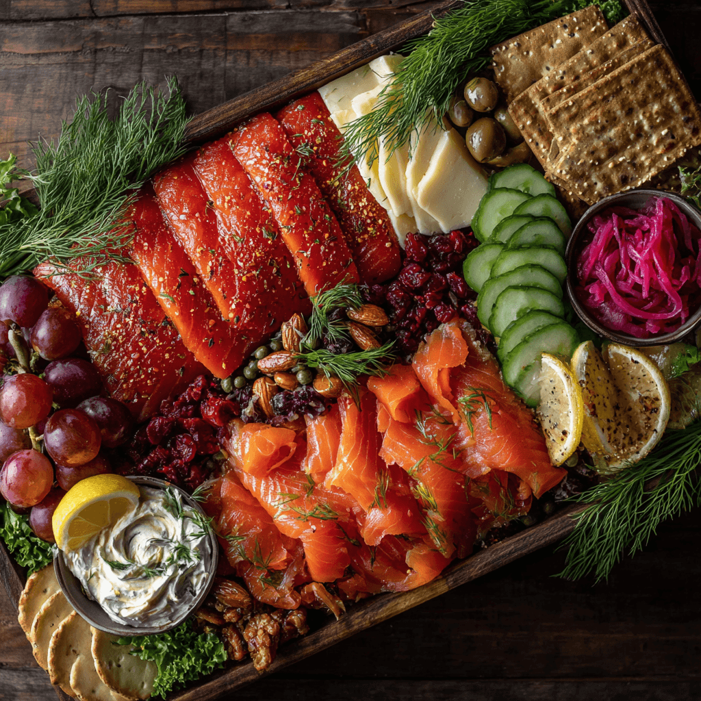 Elegant smoked salmon platter with fresh herbs and accompaniments.
