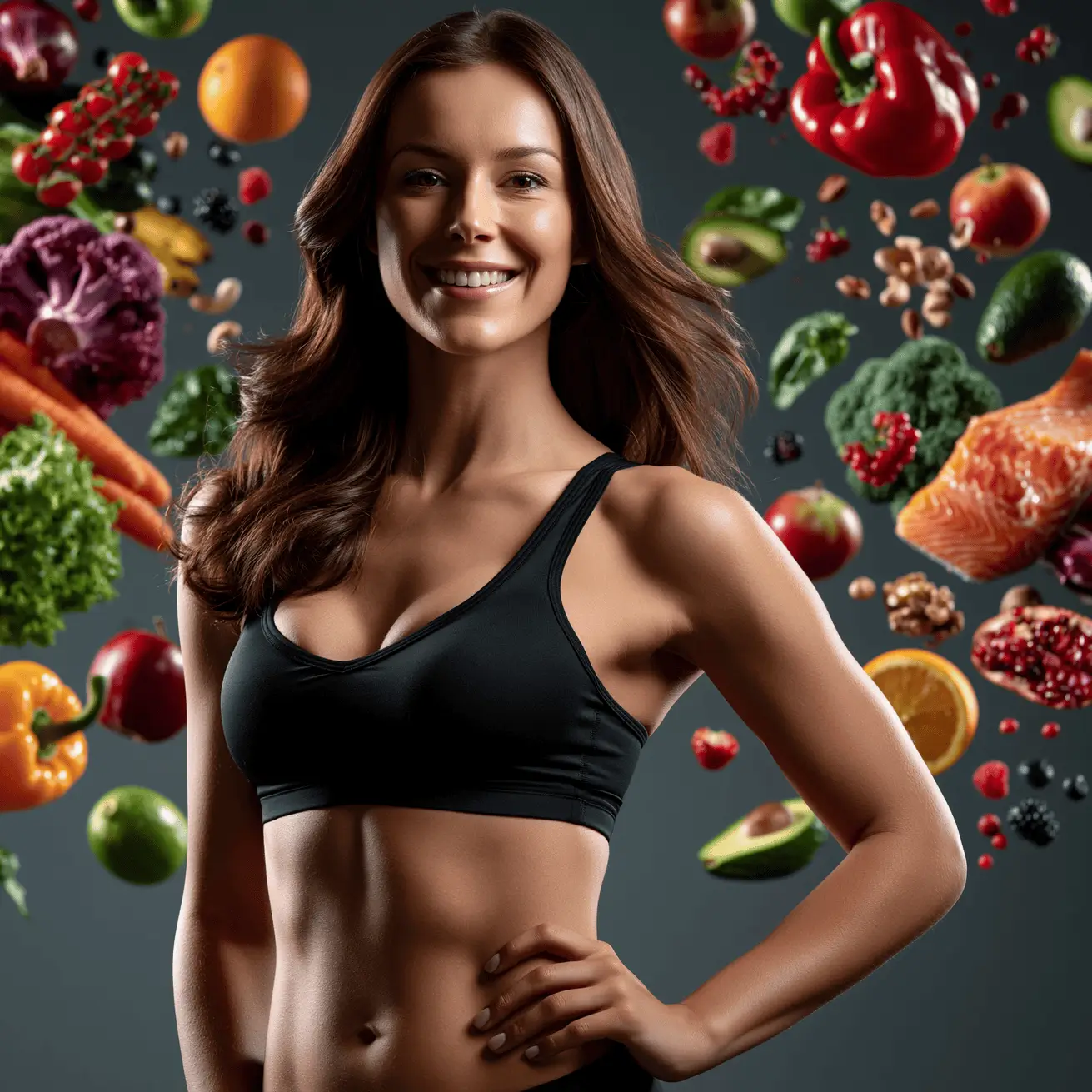 Woman smiling with fresh vegetables and fruits for gourmet food preparation.
