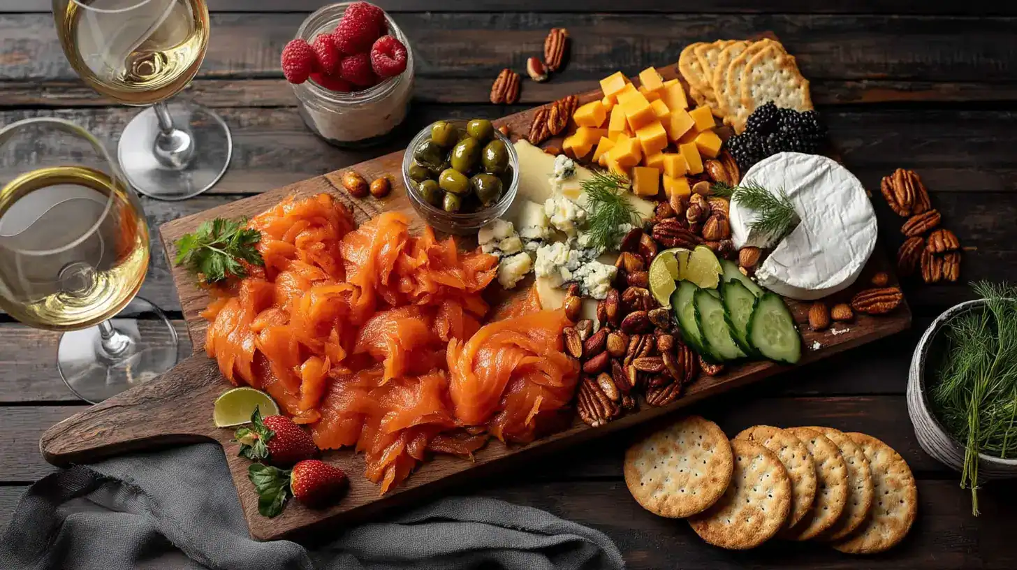 Elegant smoked salmon cheese platter with crackers, cheese, and fresh herbs.