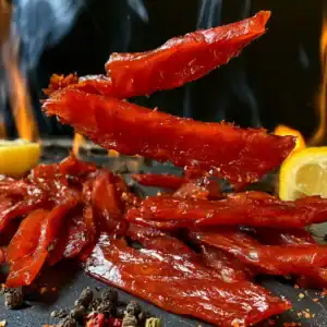 Premium beef jerky slices with lemon wedges for a gourmet snack.